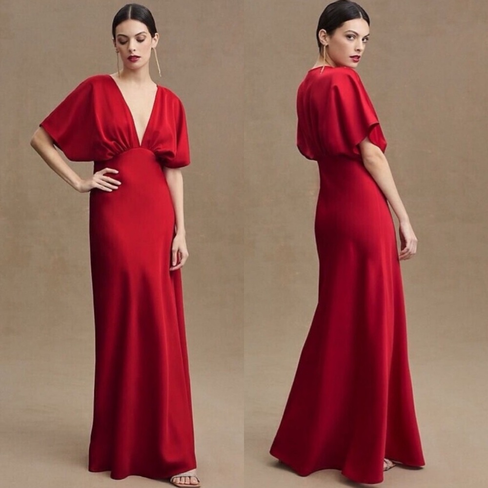 NWT BHLDN Leila Deep-V Flutter Sleeve Satin A-Line Gown in Cherry Red